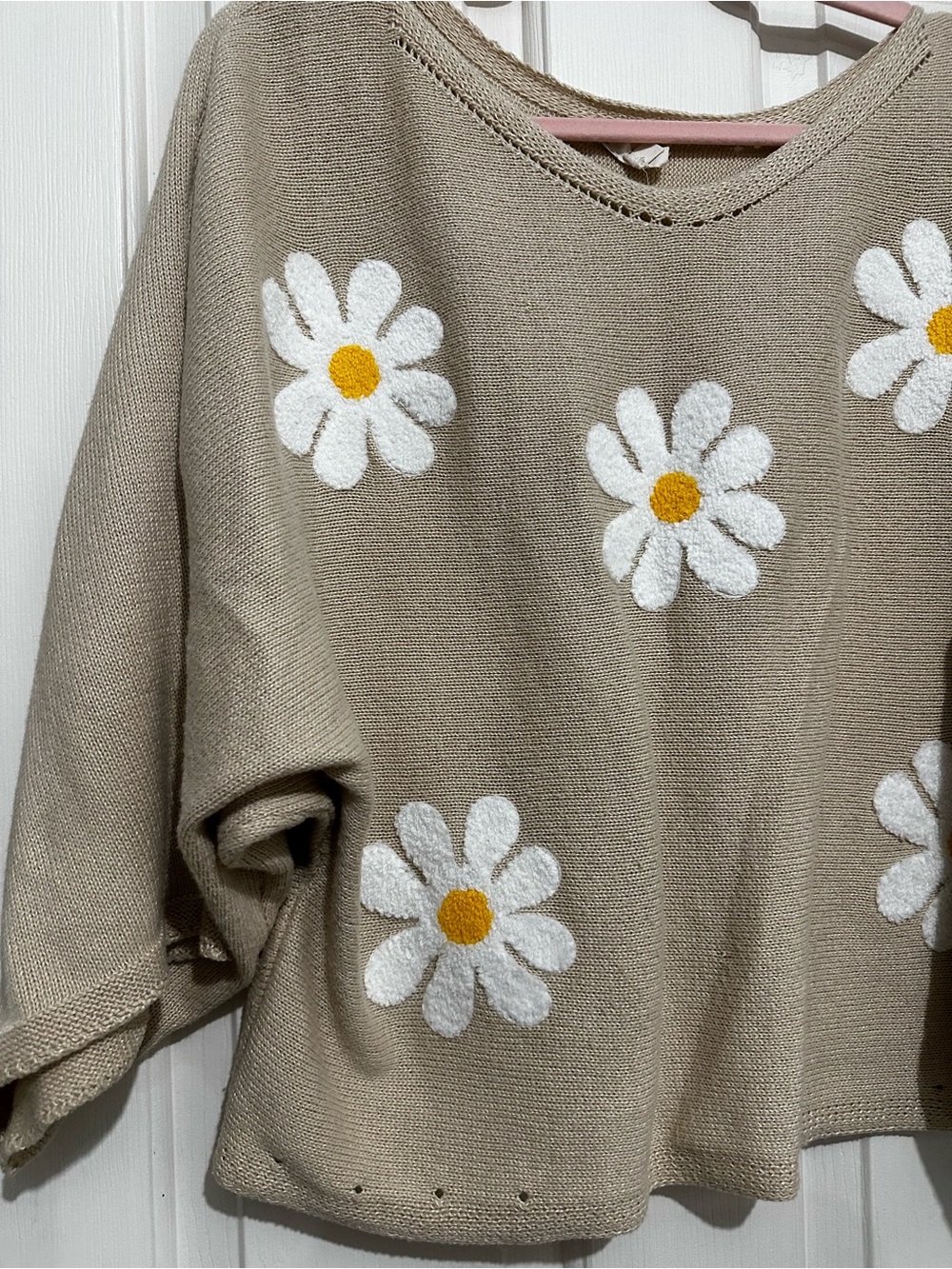 BiBi Beige Crewneck Sweater with White & Yellow Daisy Embroidery - Picture 9 of 10